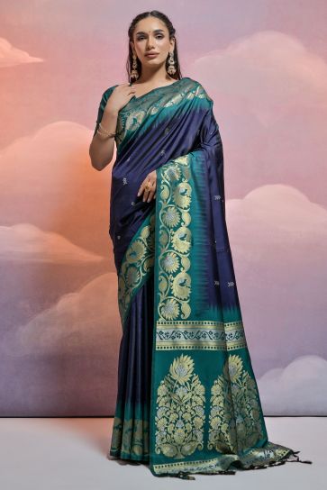 Adorable Navy Blue Color Function Wear Art Silk Fabric Weaving Work Design Saree