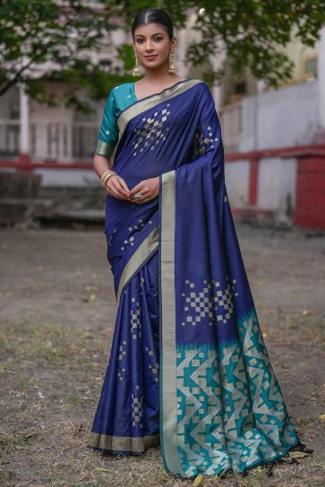 Art Silk Fabric Navy Blue Color Weaving Work Saree