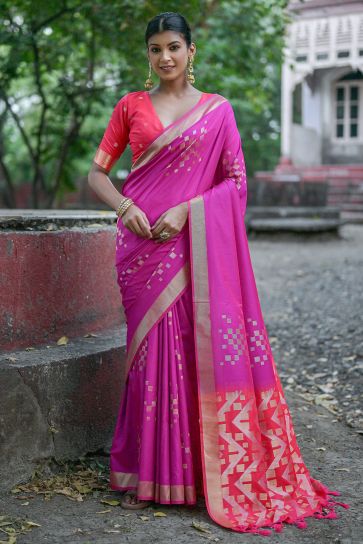 Magenta Color Art Silk Fabric Fancy Weaving Work Saree