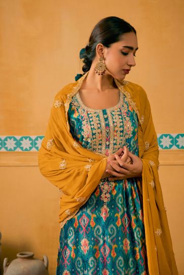 Cyan Color Velvet Fabric Fancy Digital Print Function Wear Palazzo Salwar Kameez