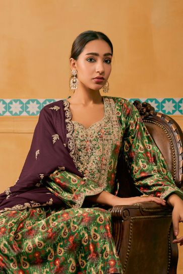Green Color Festive Wear Digital Print Designer Salwar Suit In Velvet Fabric