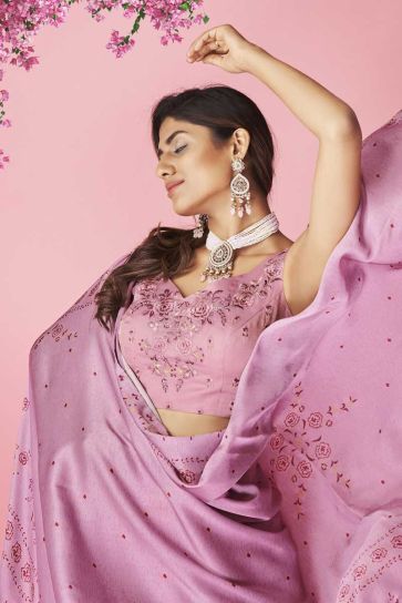 Chiffon Fabric Pink Color Sangeet Wear Riveting Lehenga With Embroidered Work