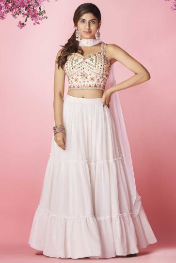 Magnificent Chiffon Fabric Sangeet Wear Off White Color Embroidered Work Lehenga