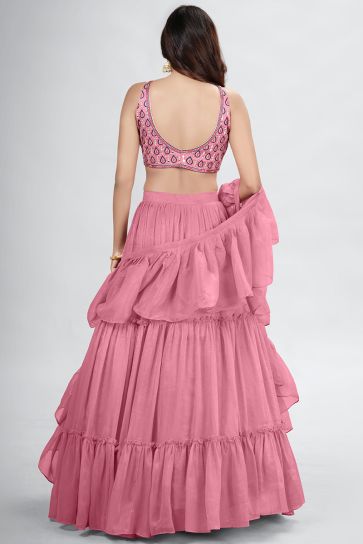 Pink Color Chiffon Fabric Gorgeous Function Wear Lehenga