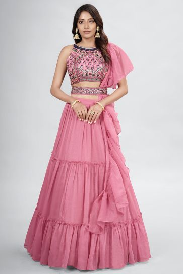 Pink Color Chiffon Fabric Gorgeous Function Wear Lehenga
