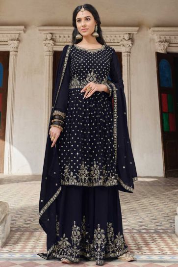Aristocratic Navy Blue Color Georgette Fabric Palazzo Suit With Embroidered Work
