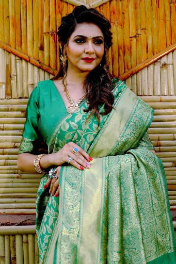 Green Color Weaving Work On Banarasi Silk Stunning Saree