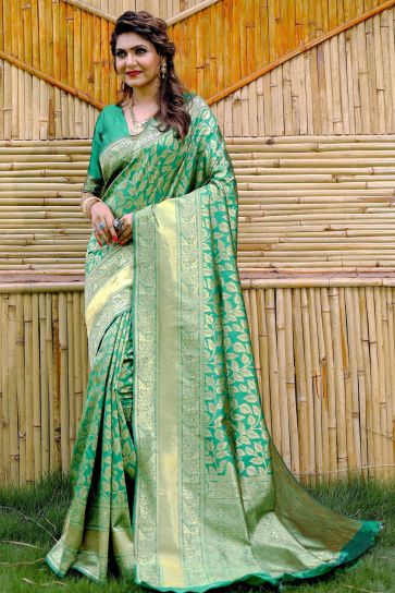 Green Color Weaving Work On Banarasi Silk Stunning Saree