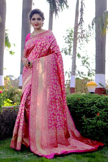 Incredible Weaving Work On Banarasi Silk Pink Color Saree