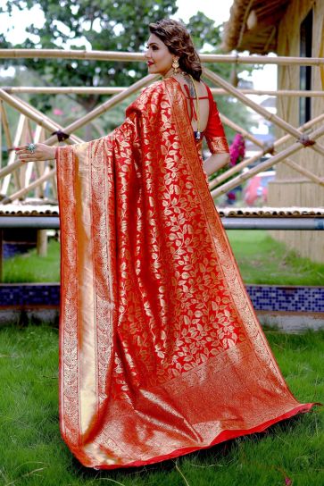 Tempting Banarasi Silk Red Color Saree With Weaving Work