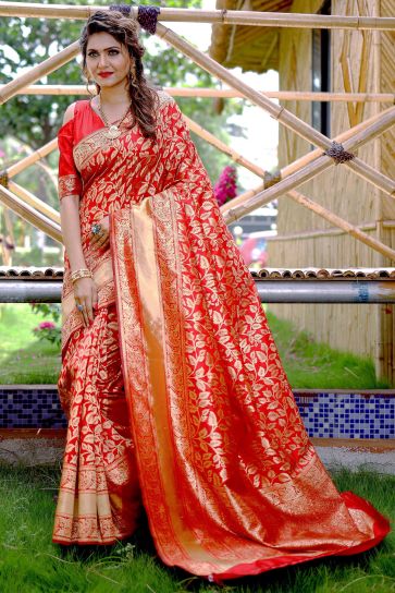 Tempting Banarasi Silk Red Color Saree With Weaving Work
