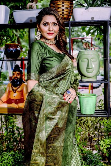 Banarasi Silk Green Color Delicate Saree With Weaving Work