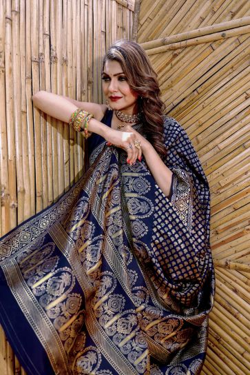 Engaging Navy Blue Color Banarasi Silk Saree With Weaving Work