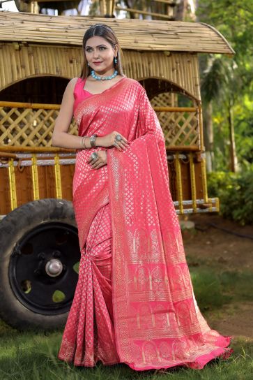 Amazing Weaving Work On Pink Color Banarasi Silk Saree