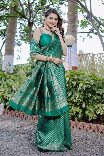 Trendy Banarasi Silk Green Color Saree With Weaving Work