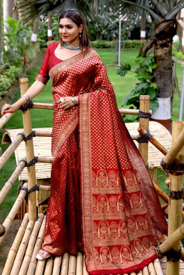 Maroon Color Weaving Work On Banarasi Silk Chic Saree