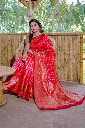 Creative Weaving Work On Rani Color Banarasi Silk Saree