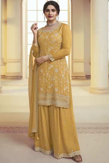 Prachi Desai Chinon Fabric Yellow Color Gorgeous Palazzo Suit