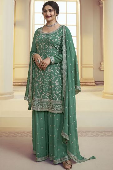 Prachi Desai Amazing Green Color Chinon Fabric Palazzo Suit