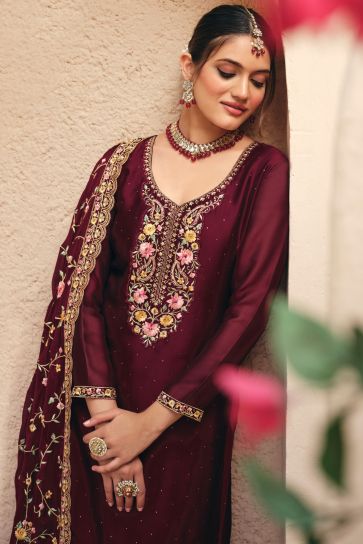 Georgette Fabric Maroon Color Supreme Embroidered Palazzo Suit