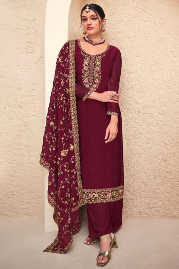 Georgette Fabric Maroon Color Supreme Embroidered Palazzo Suit