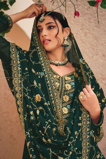 Alluring Georgette Fabric Dark Green Color Embroidered Palazzo Suit