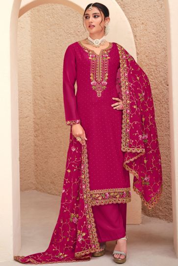 Excellent Georgette Fabric Rani Color Embroidered Palazzo Suit