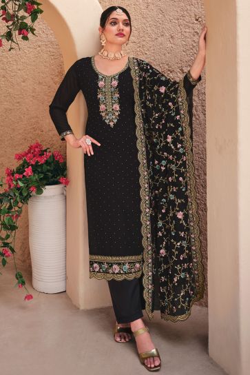 Black Color Georgette Fabric Embroidered Sangeet Wear Beautiful Palazzo Suit