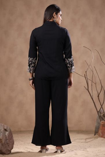 Black Color Fancy Fabric Function Wear Embroidered Work Fashionable Readymade Co-Ord Set