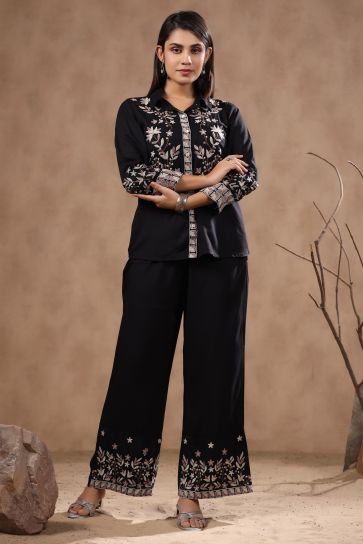 Black Color Fancy Fabric Function Wear Embroidered Work Fashionable Readymade Co-Ord Set