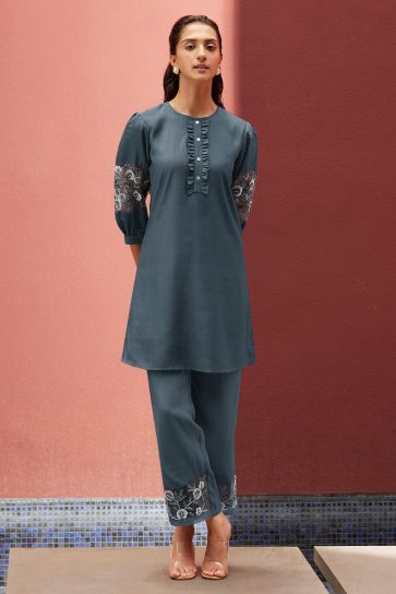 Attractive Blue Color Viscose Party Wear Embroidered Work Readymade Co-Ord Set