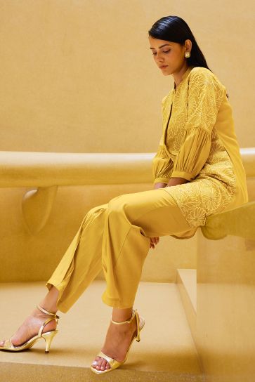 Yellow Color Viscose Party Wear Embroidered Work Fashionable Readymade Co-Ord Set