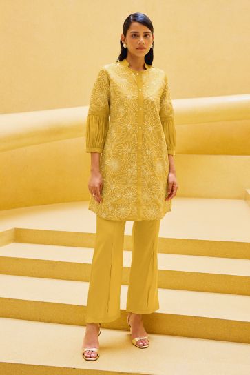 Yellow Color Viscose Party Wear Embroidered Work Fashionable Readymade Co-Ord Set