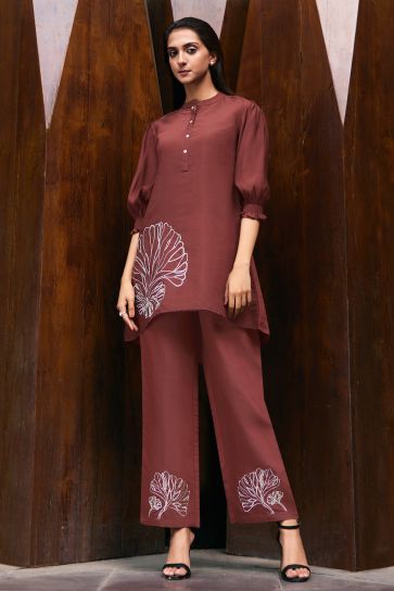 Brown Color Viscose Fabric Embroidered Work Stylish Readymade Co-Ord Set