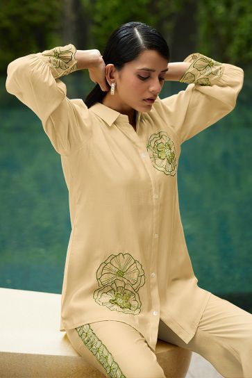Beige Color Viscose Fabric Excellent Embroidered Work Readymade Co-Ord Set