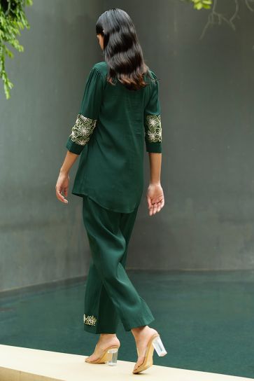 Green Viscose Fabric Festive Wear Embroidered Work Stylish Readymade Co-Ord Set