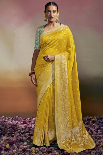 Yellow Color Viscose Fabric Beatific Minakari Pallu Saree