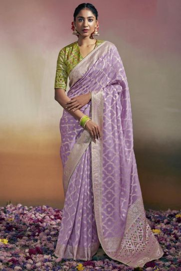 Viscose Fabric Lavender Color Charming Minakari Pallu Saree