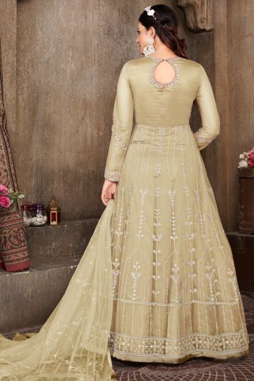 Beige Color Admirable Embroidered Net Fabric Anarkali Suit