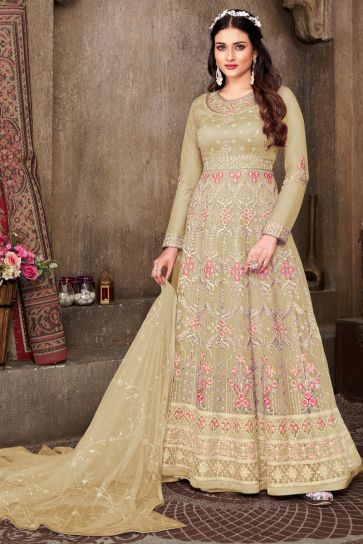 Beige Color Admirable Embroidered Net Fabric Anarkali Suit