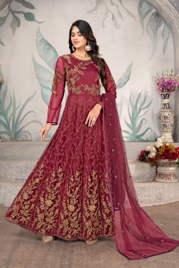 Maroon Color Net Fabric Alluring Anarkali Suit For Function
