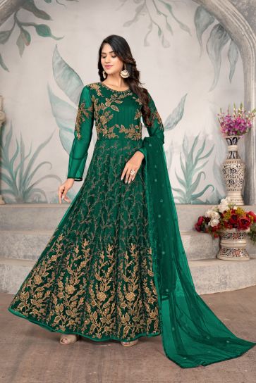 Dark Green Color Net Fabric Tempting Anarkali Suit For Function