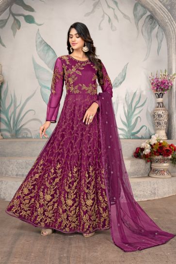 Purple Color Net Fabric Awesome Anarkali Suit For Function