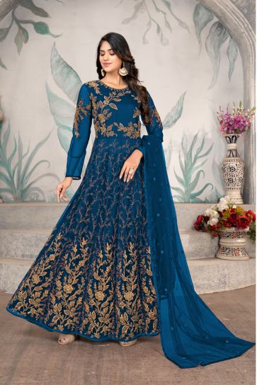 Net Fabric Beatific Anarkali Suit For Function In Blue Color