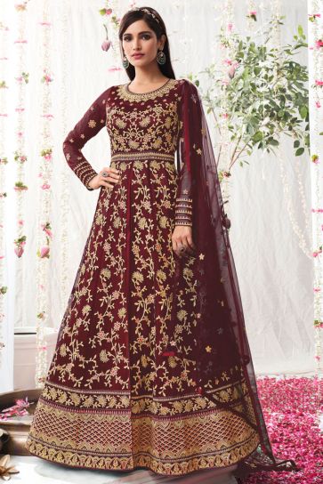 Sangeet Wear Net Fabric Maroon Color Mesmeric Vartika Singh Anarkali Suit