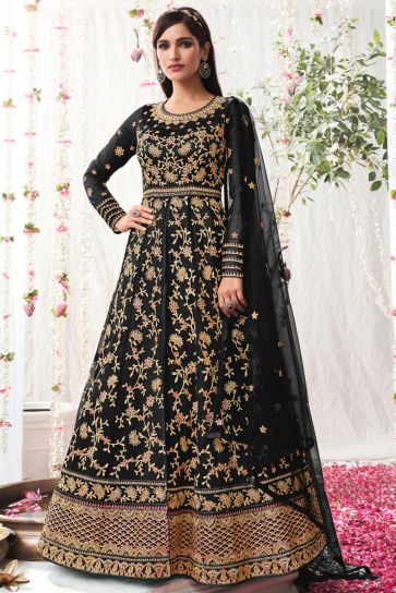Black Color Sangeet Wear Net Fabric Patterned Vartika Singh Anarkali Suit