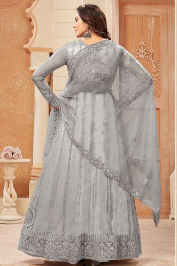 Grey Color Embroidered Trendy Anarklai Suit In Net Fabric