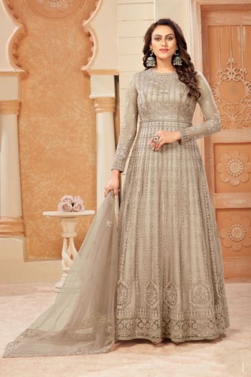 Stunning Beige Color Net Fabric Embroidered Anarklai Suit