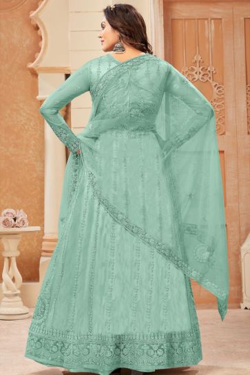 Radiant Sea Green Color Net Fabric Embroidered Anarklai Suit