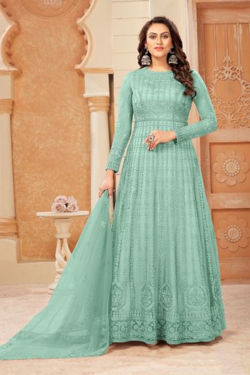 Radiant Sea Green Color Net Fabric Embroidered Anarklai Suit